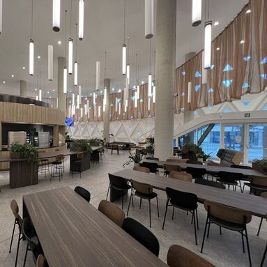 Acoustic baffles in dining hall