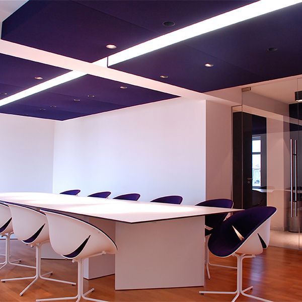 acoustic ceiling panels with lighting in meeting room